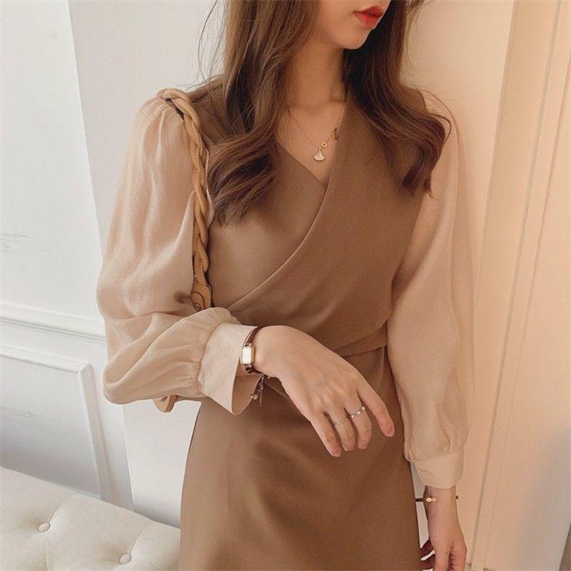 

Chiffon V-Neck Long Sleeve A-Line Dress with Short Skirt - 2026 Spring/Summer Collection M ~105 kg