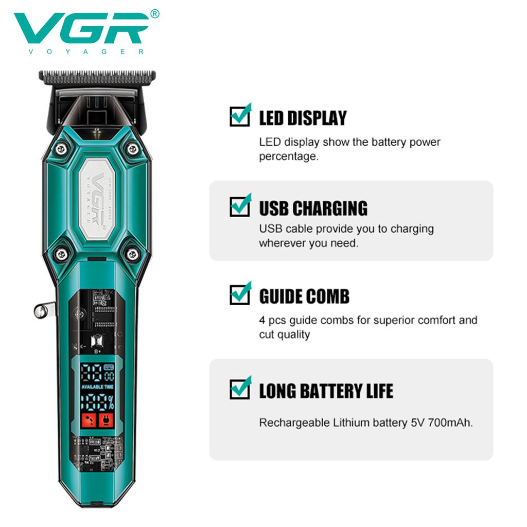New VGR 900 T-shaped Blade Hair Clipper Transparent Body Electric Professional Men's Hair Clipper LED Intelligent Digital Carving Electric Thruster