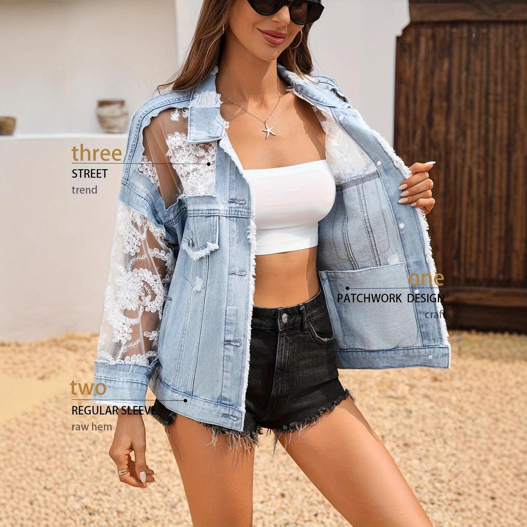 Women's Summer Lace Spliced Denim Jacket - Casual Fairy Style with Mesh Embroidery and Ripped Details
