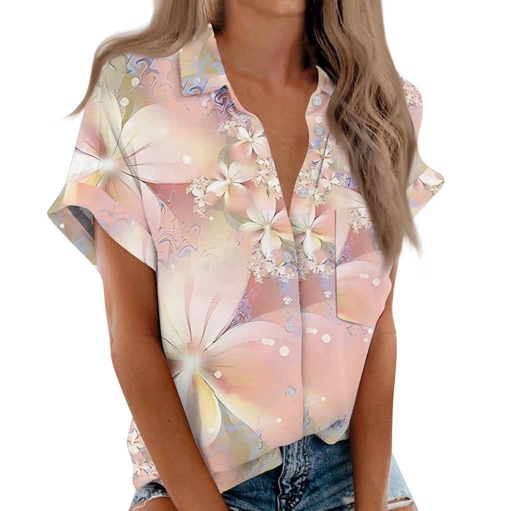 Women's Short Sleeved Shirt, Daily Fashion Printed Button Top, Chest Pocket Cardigan