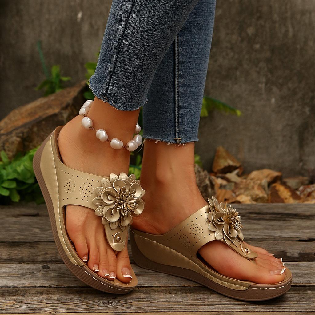 Mode 2025 Vintage Blumen Keilabsatz Pantoletten Damen Sommer Leichtgewicht Plateau Zehentrenner Frau Zehensteg Dicke Sohle Sandalen Übergröße