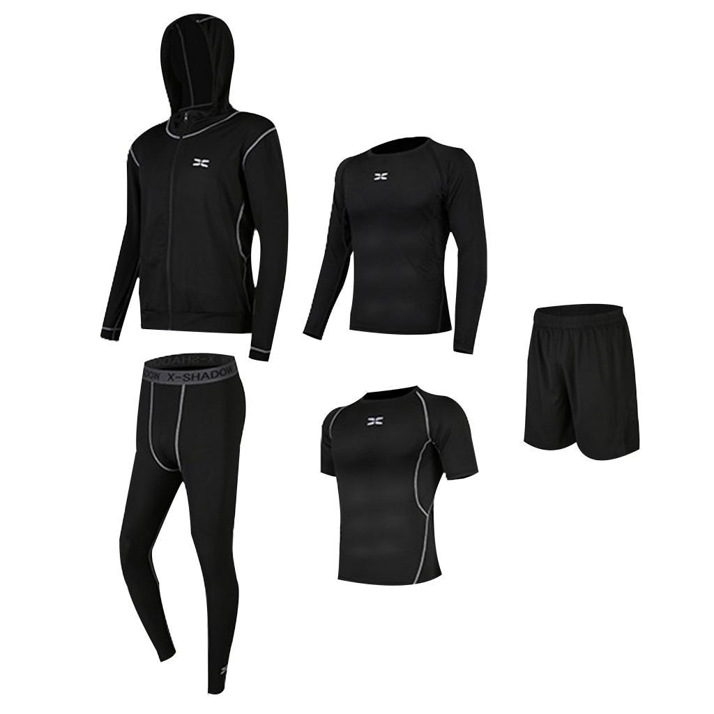5 in 1 Mens Tracksuit Dance Gym Compression Football Jogging Sports Suit