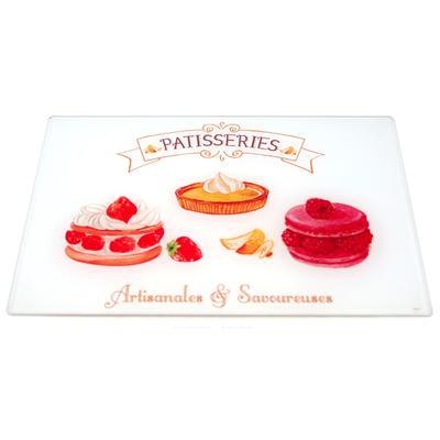 [A1645] - Glasschneidebrett / Untersetzer 'Pâtisseries' rot und weiß (Handwerklich und lecker) - 30x20cm