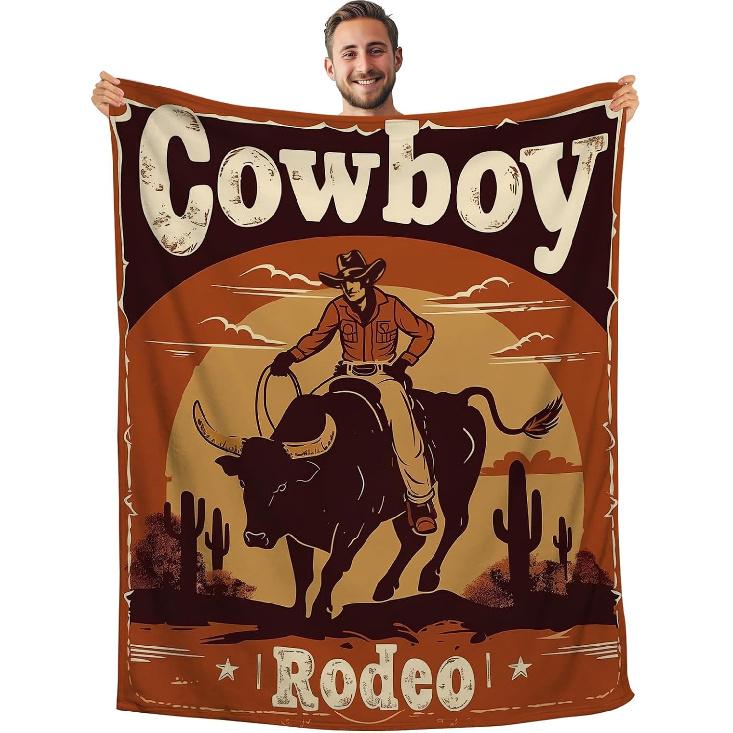 Cowboy Blanket, Western Cowboys Throw Blanket for Boys Men, a Western Cowboy Ride a Bull Orange Plush Blanket, Retro Country Farmhouse n West Theme 50 x40