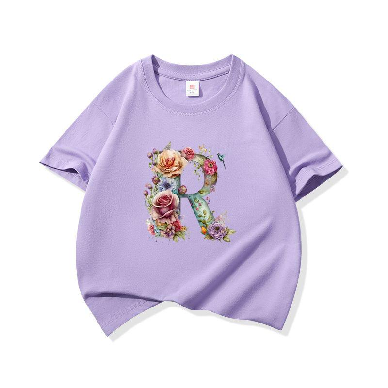 Kids Cotton T Shirt Floral Letter R Print Crew Neck Short Sleeve Tee Casual Boys Girls Summer Tops