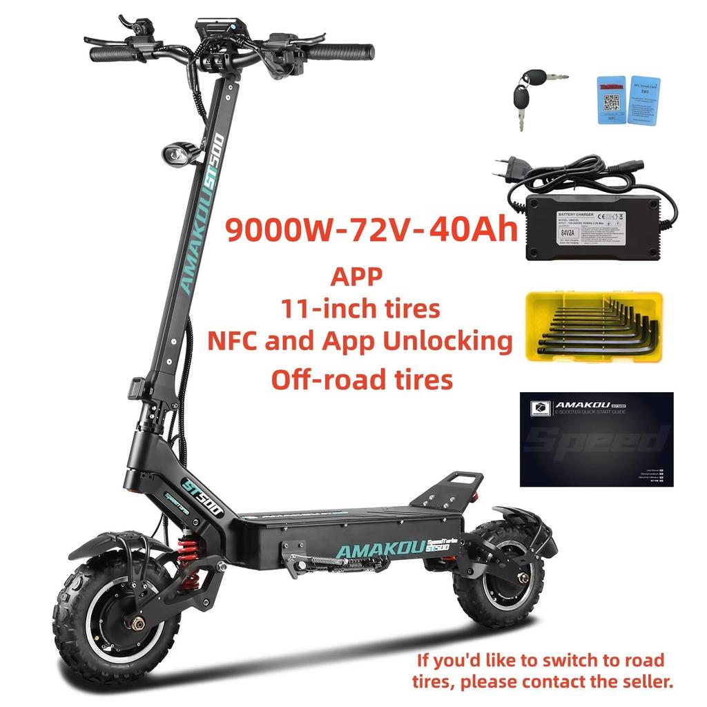 EU AMAKOU-ST500 X7 Monopattino Elettrico per Adulti 9000W Motore a Doppia Potenza Pneumatici da 13 pollici e 11 pollici Velocità 65MPH Autonomia 62 Miglia Batteria 72V 38.3Ah Pneumatico Off-road