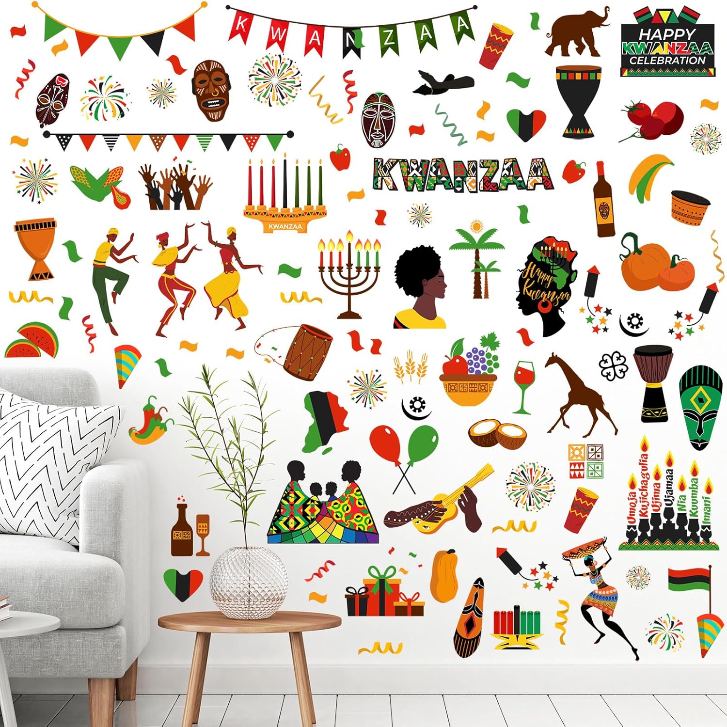 101 Pcs Kwanzaa Window Stickers Clings Kwanzaa Wall Decorations Decals Vinyl Kinara Candles Wall Stickers n n Candles Festival Holiday Party Decor