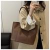 Korean Version Large Capacity Solid Color Faux Leather Tote Bag Fashion Vintage Commute Simple Shoulder Bag