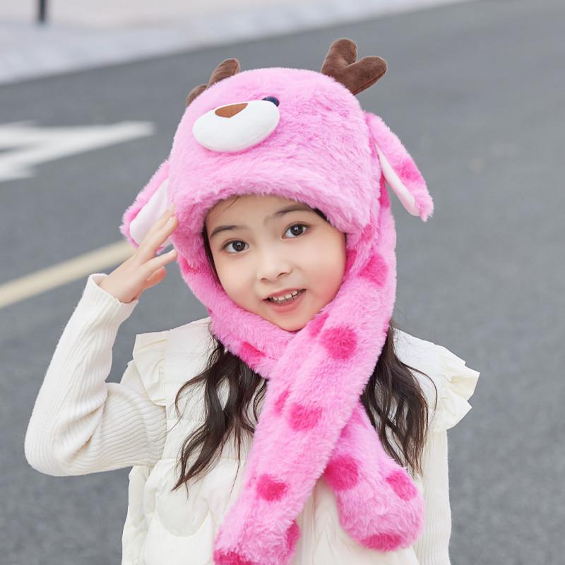 Childrens Cute Cartoon Hat With Moving Ears And Warm Neck Wrap For Snow Days