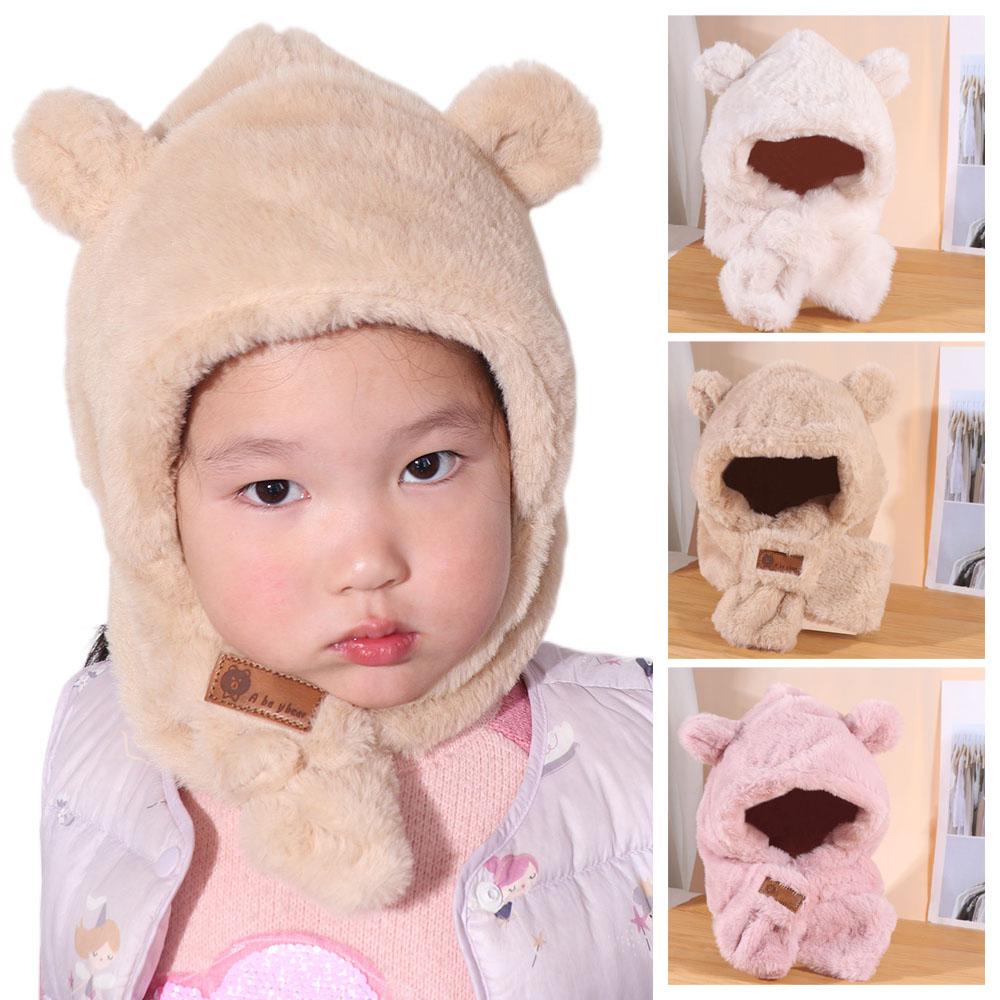 Faux Fur Baby Bear Plush Hat Winter Ear Protection Hats Cute One-Piece Hat Scarf  Kids