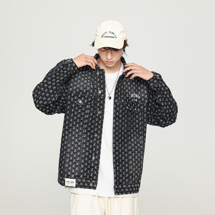 

Весенняя уличная модная джинсовая куртка с вышивкой, мужская весенняя куртка с отворотами в американском стиле, повседневная 4XL чёрный