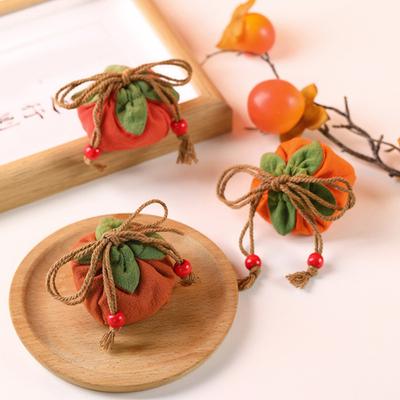 Small Persimmon Shape Coin Purse Mini Drawstring Cotton Linen Wallet Cute Fruit Design Change Pouch Gifts for Girls Women