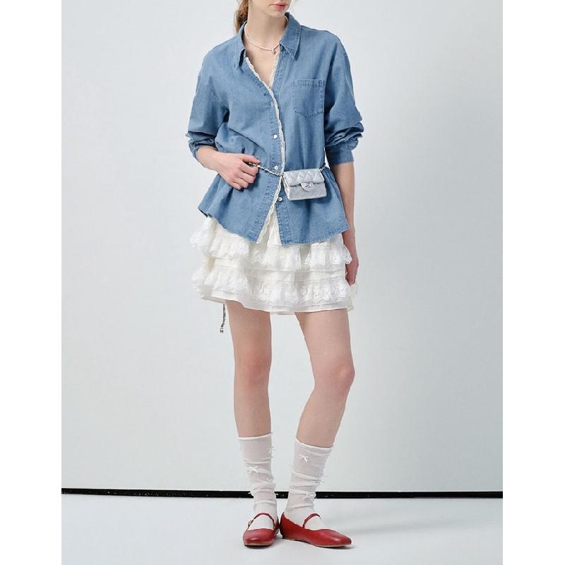 White long-sleeve women's shirt, 2026 spring new style, European style lace trim loose top