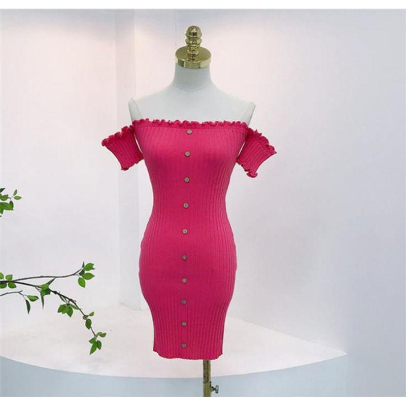 

European and American Sexy Silm off-Shoulder Short Sleeve Dress Short Skirt Sexy Bodycon Mini Dress Pink S