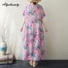 Übergröße Sommer Damen Vintage Midi Kleid O-Ausschnitt Rosa Lila Blumendruck Übergroß Baggy Gewand Baumwolle Kurze Ärmel Retro Freizeitkleid