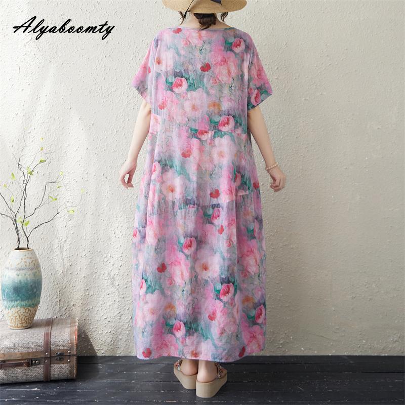 Übergröße Sommer Damen Vintage Midi Kleid O-Ausschnitt Rosa Lila Blumendruck Übergroß Baggy Gewand Baumwolle Kurze Ärmel Retro Freizeitkleid