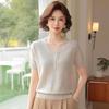 Elegant Lace Embroidery Knit Top - Short-Sleeved Ice Silk Blouse for Middle-Aged Women