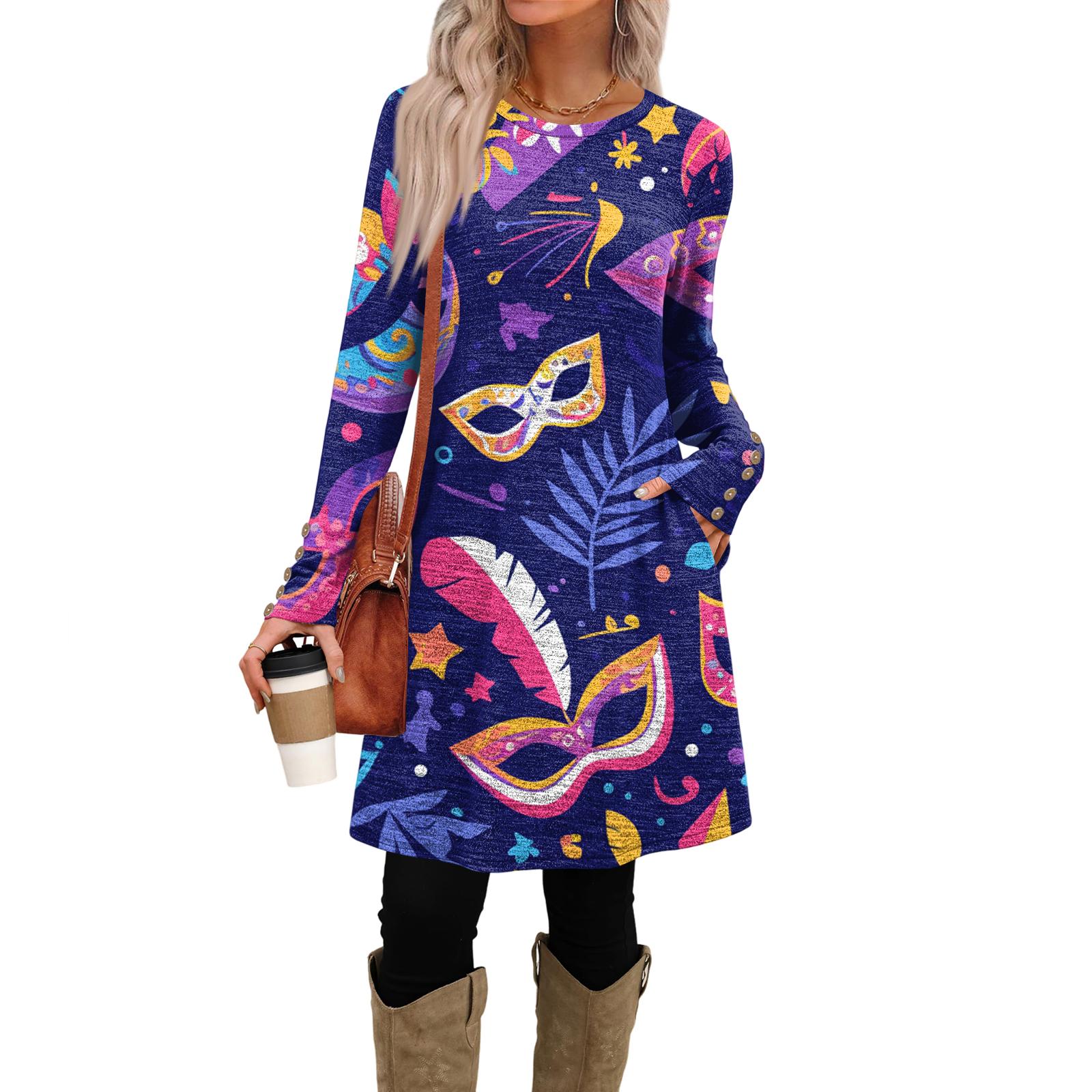 

Women s Fashion Casual Dress With Pockets, Decorative Buttons, Carnival Prints, Round Neck And Long Sleeves M