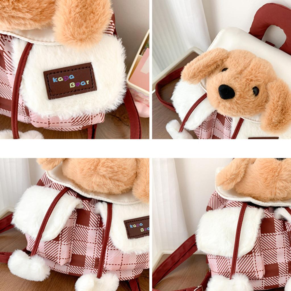 Plush Puppy Flap Backpack Drawstring Casual Grid Pattern Backpacks Cartoon Plaid Shoulder Bag Outdoor Travel Date Backpacks