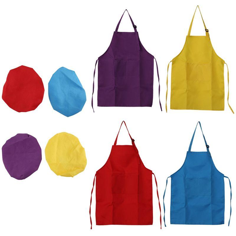 Good-8-Piece Children's Apron And Chef Hat Set, Adjustable, With 2-Pocket Kitchen Apron Apron