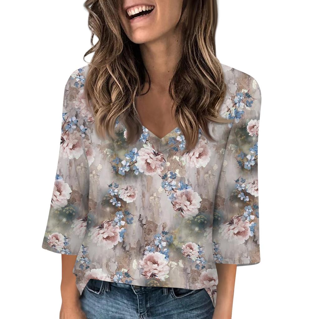 Women's V Neck 3/4 Sleeve Tops Casual T Shirts Basic Summer Tees Loose Pullover Top