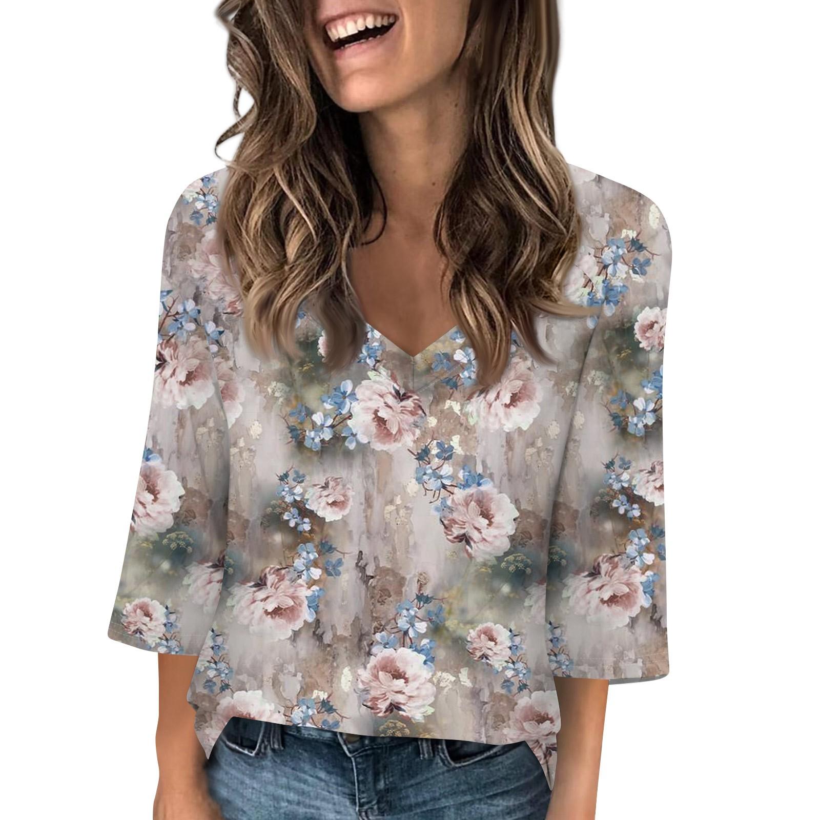 

Женские топы с V-образным вырезом и рукавами 3/4, повседневные футболки, базовые летние футболки, свободный пуловер, топ XXL серый