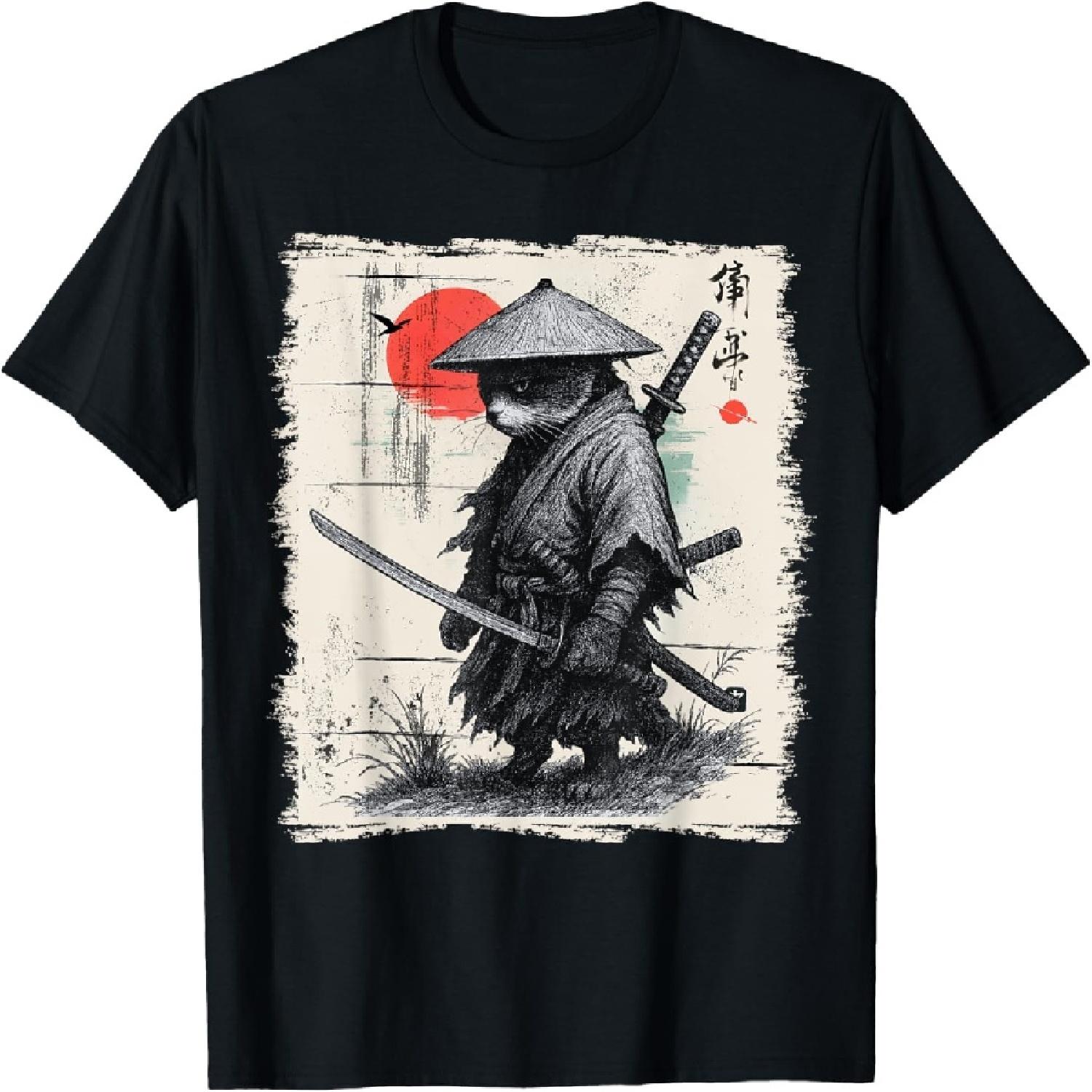 Футболка Samurai Cat Warrior Ukiyo Ink в японском винтажном стиле с самураем-котом для мужчин, женщин, детей S