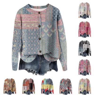 Chaqueta Cárdigan de Punto Vintage para Mujer con Botones y Estampado Vintage