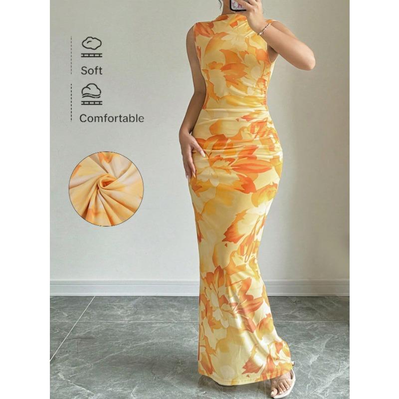 

Женское платье Элегантное французское ретро-платье без рукавов облегающее платье с принтом сексуальное платье M оранжевый