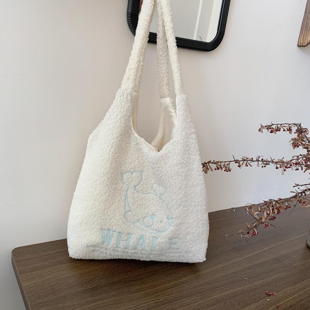 Autumn Winter Cute Girl Plush Vest Bag Sweet Student Embroidery One Shoulder Tote Bag