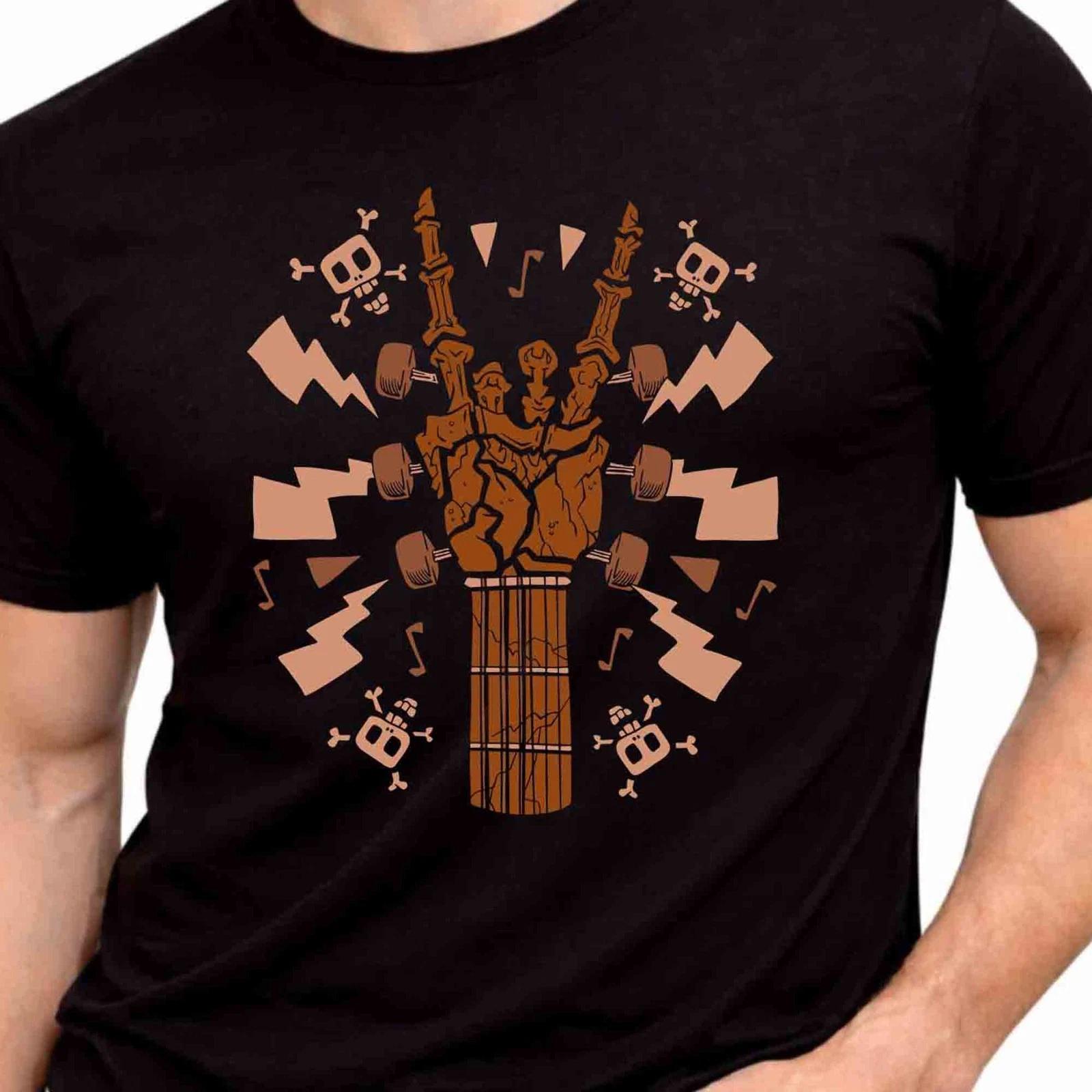 Skeleton Rock Hand Guitar Neck Graphic T-Shirt Heavy Metal Music Punk Rocker Tee XL