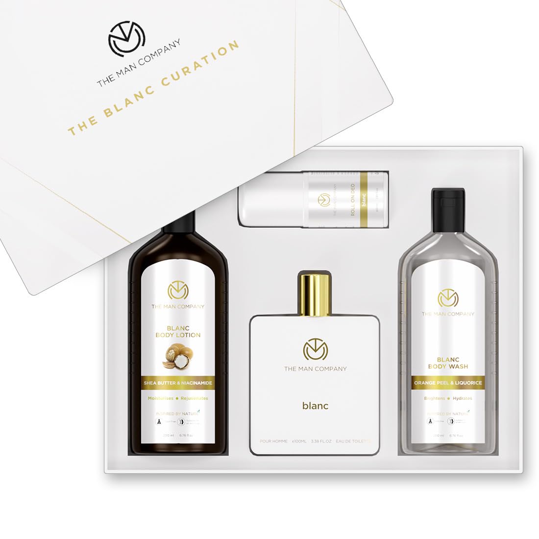 Подарочная коробка The Man Company Blanc для мужчин с парфюмом Blanc, дезодорантом-роликом, лосьоном для тела и гелем для душа | Стойкий аромат для мужчин | Увлажняет, Омолаживает