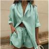 Cotton Casual Suits Women Long Sleeve Sets Home Wear Solid Tops Female Shorts Two Piece Sets Spring Summer