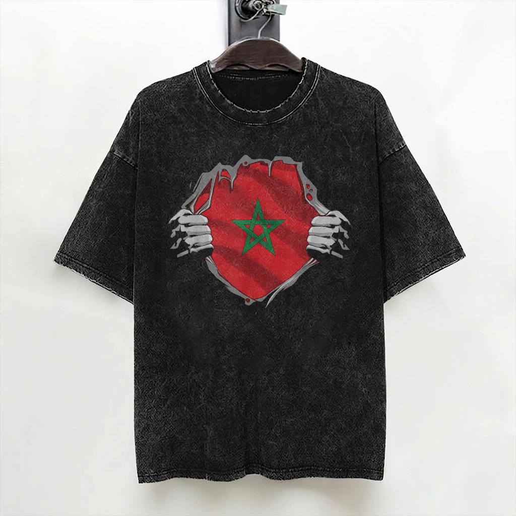 Washed T Shirts Morocco Flag Hip Hop Fashion Tshirt Harajuku Moroccan Streetwear Short Sleeve Printed Tee Shirt For Men Women