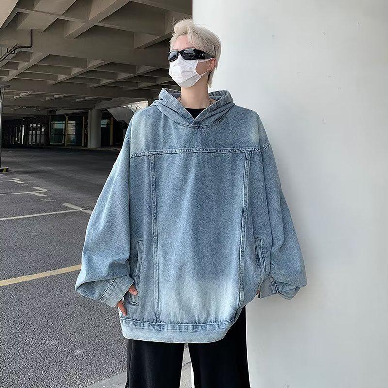 

Унисекс ретро стираная джинсовая куртка с капюшоном: Модный, повседневный, универсальный свитер для мужчин и женщин Medium светло-синий