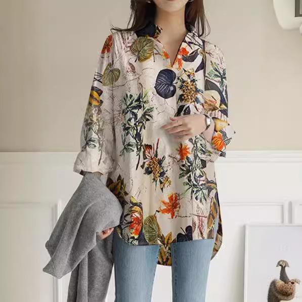 Loose-Fit Cotton Linen Printed Long-Sleeve Tops