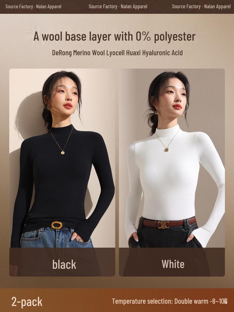 Women's Black Fleece-Lined Half-High Neck Base Layer Knit Top - Thickened Long Sleeve for Autumn/Winter 2026