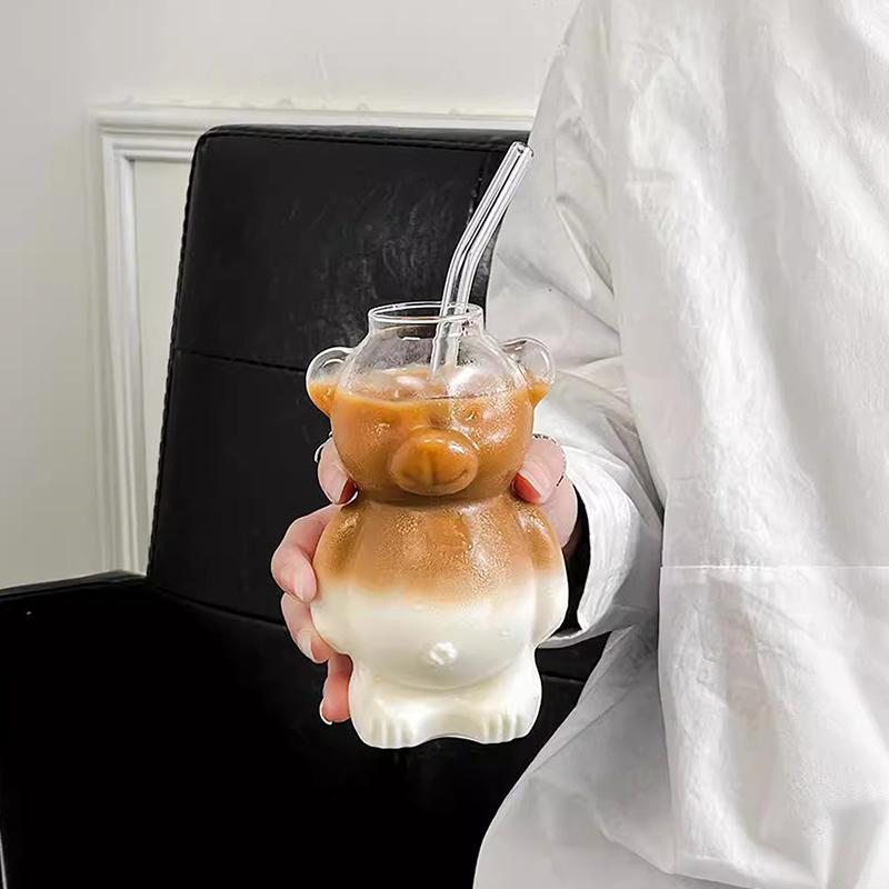 Cartoon Bear Shaped Coffee Mug Cute Bear Mug Glass Cup With Straw Transparent Creative Glass Juice Cup Milky Tea Cup