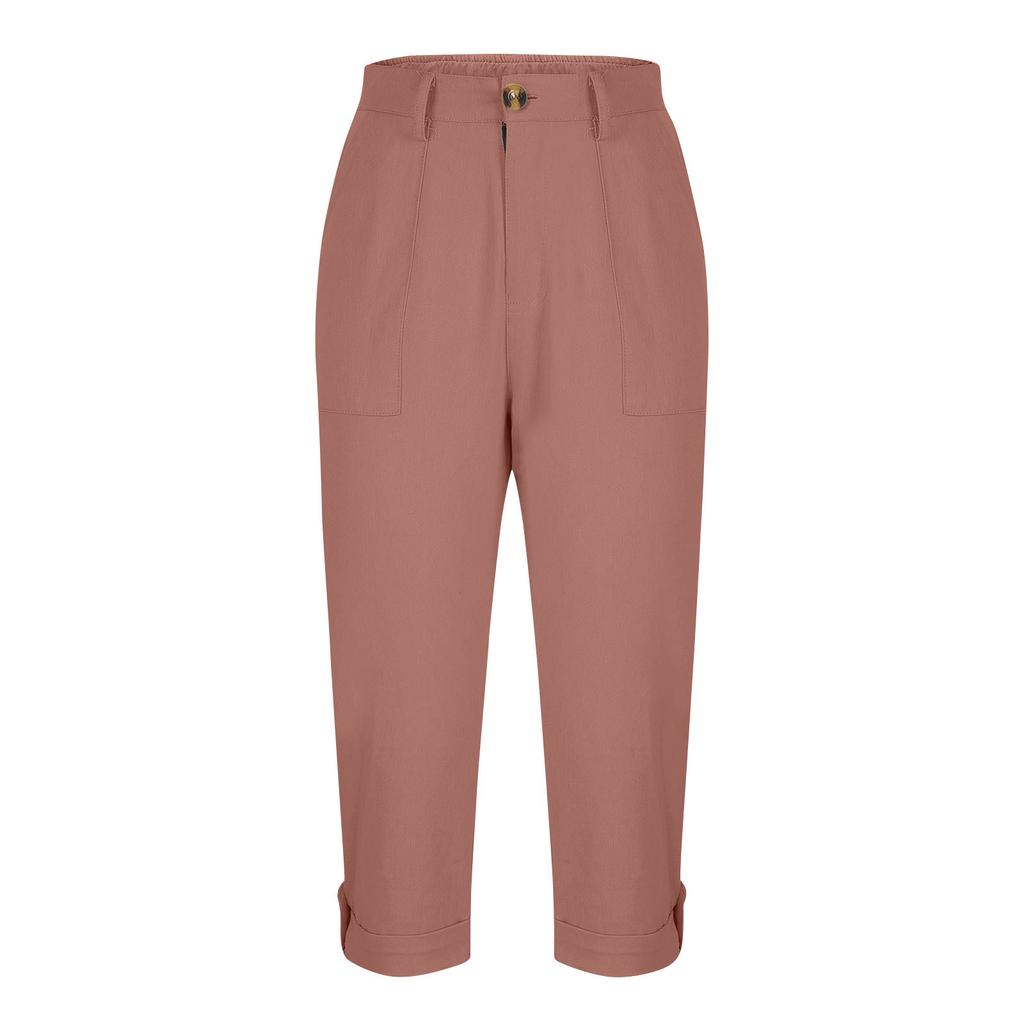 Women Casual Capri Pants High Waisted Rolled Cuff Ankle Pants Solid Color Pocket Detail Loose Fit Trousers