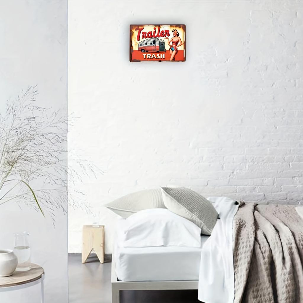 Vintage Trailer & Spice Girl Metal Tin Wall Art Sign - Retro Wall Decor with Pin-Up Girl & Classic Bus Design, Bar Decoration