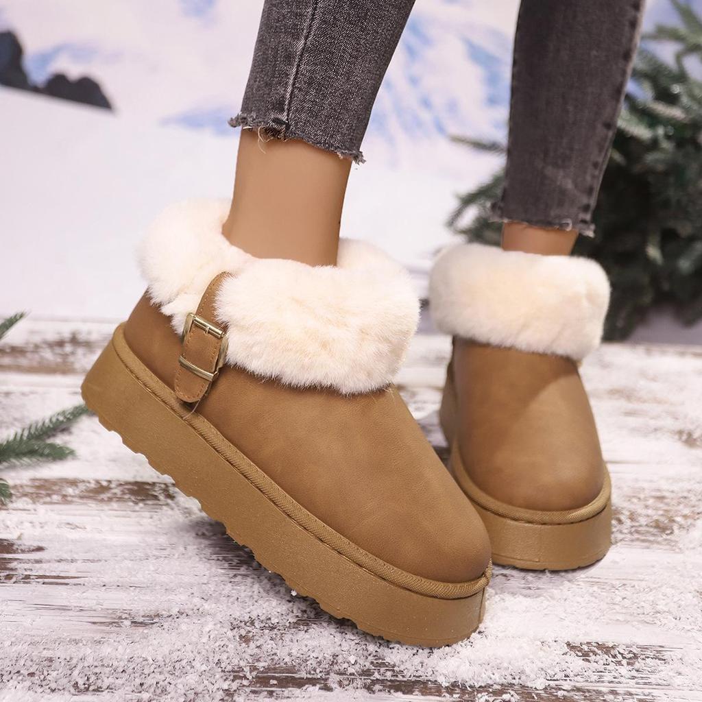 Damen Übergröße Schneestiefel Lässige Kurze Schaft Flache Sohle Absatz Martin Stiefel Fellfleece Baumwollschuhe 36-42