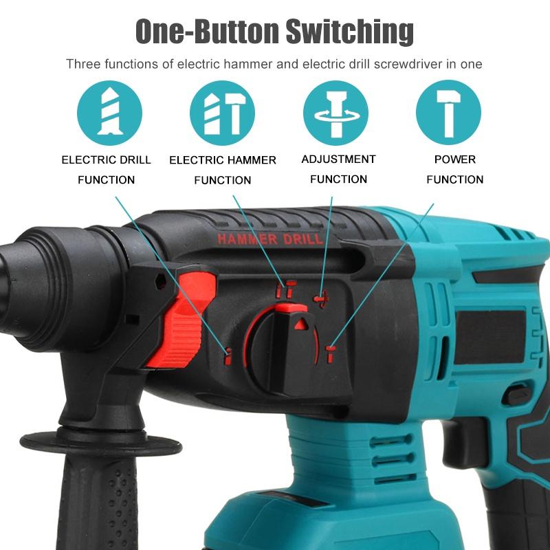 10pcs 0-6200rpm Rechargeable Cordless Rotary Hammer Impact Drill Brushless Electric Hammer Drill Perforator for 388VF 18V Battery