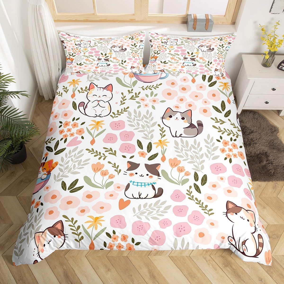 

Girls Kawaii Cat Bedding Set Full Queen, Cute Kitten Comforter Cover Cartoon Duvet Cover Colorful Flowers Plant Bedspread Cover 150x200cm 3pcs