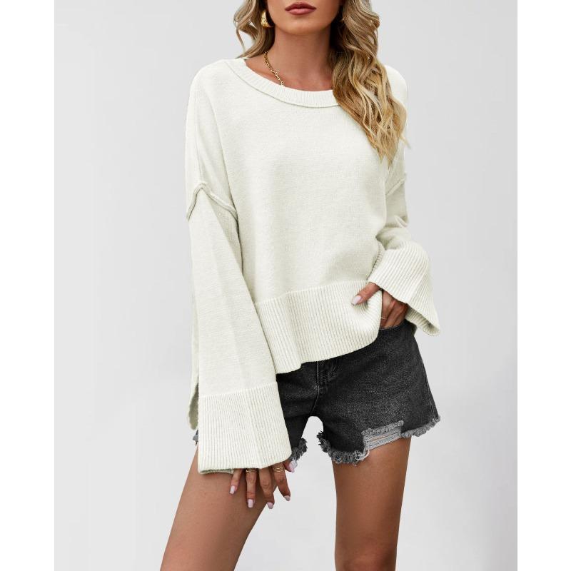 PEYWOW Women's Fashion Casual Solid Color Print Autumn Winter O-Neck Long Sleeve Loose Sweaters