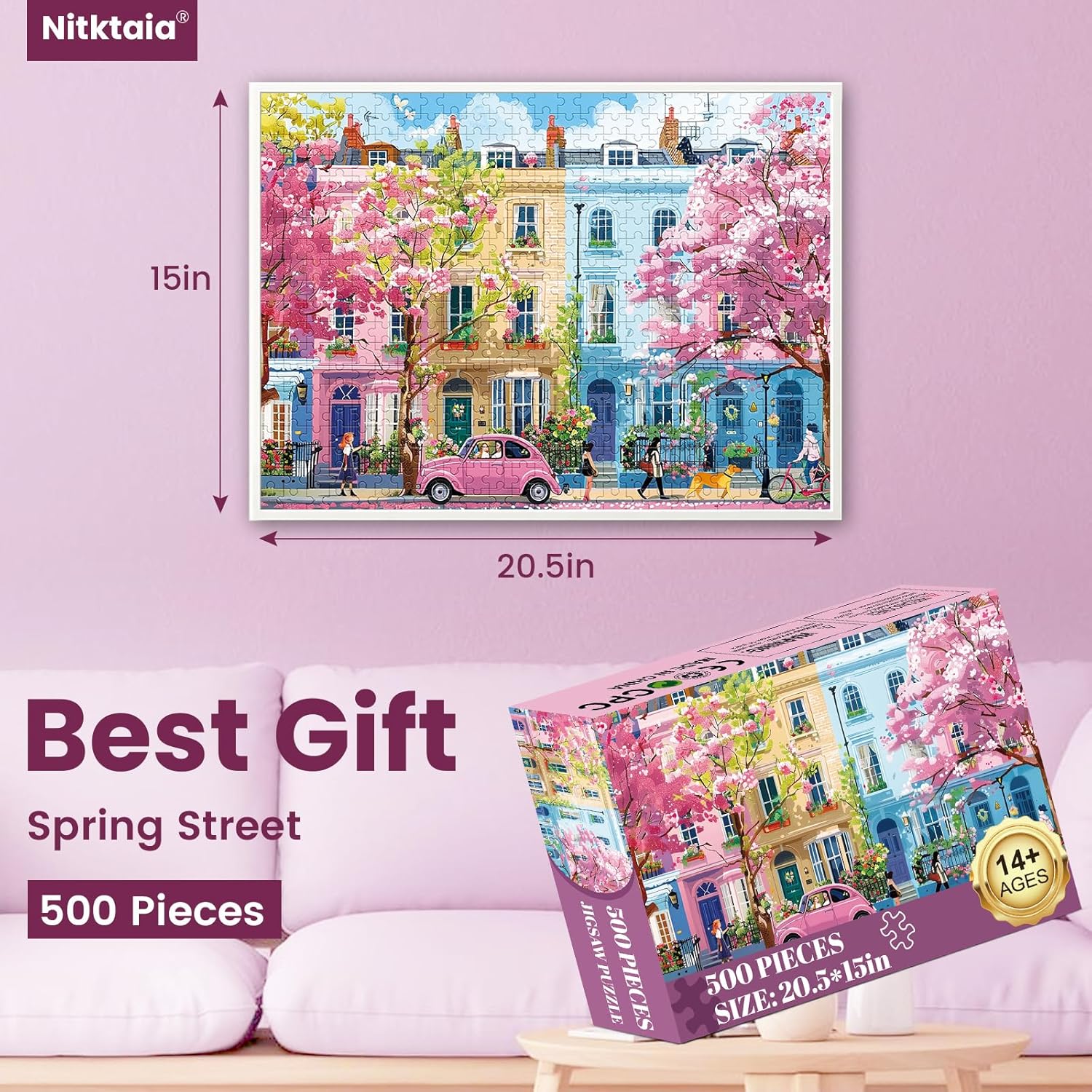 500 Pieces Jigsaw Puzzles for Adults, Beautiful Spring Street Puzzle for Adults Children Elderly, Recycled Paper Puzzle 500 Pieces, Glossy, Sturdy