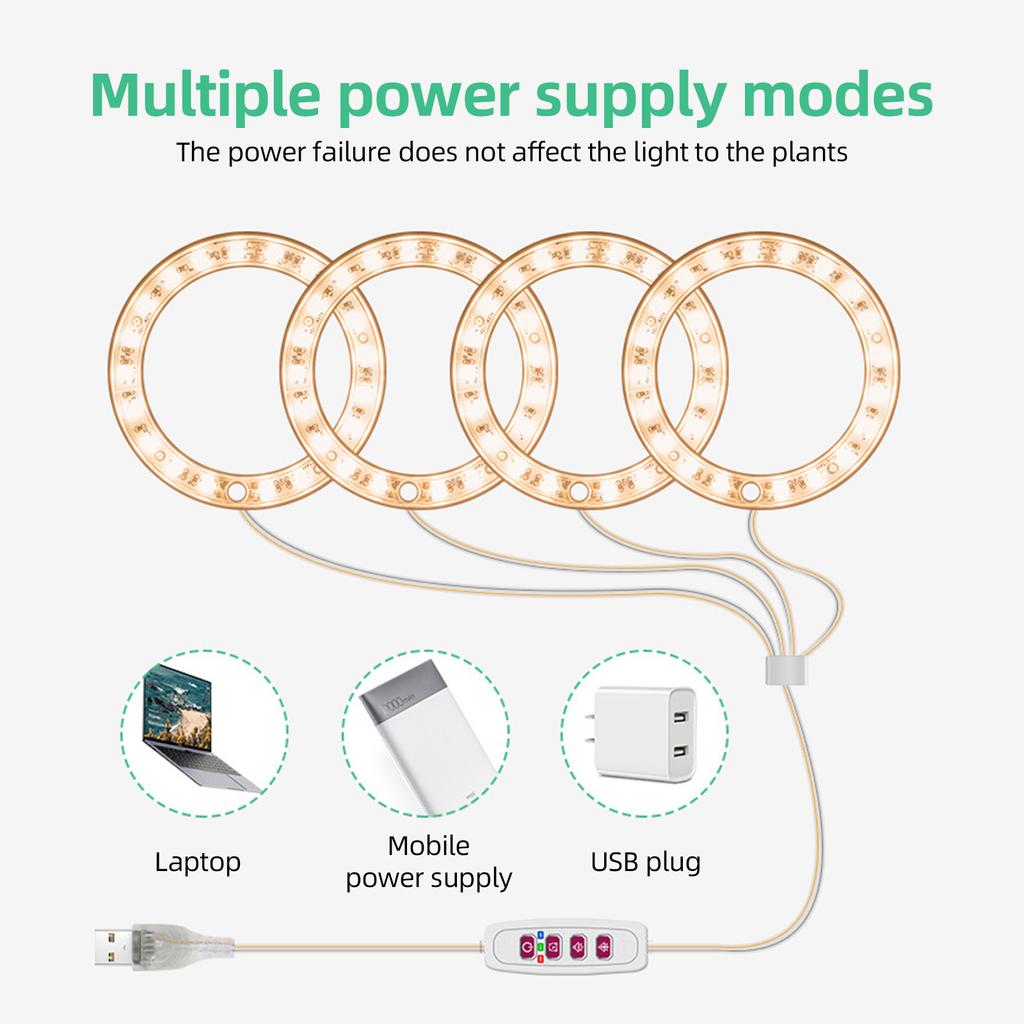 Pěstovací světla pro pokojové rostliny 4 hlavy 6,2W 301,7lm 80LED 4000K USB napájené růstové světlo 8H/12H/16H