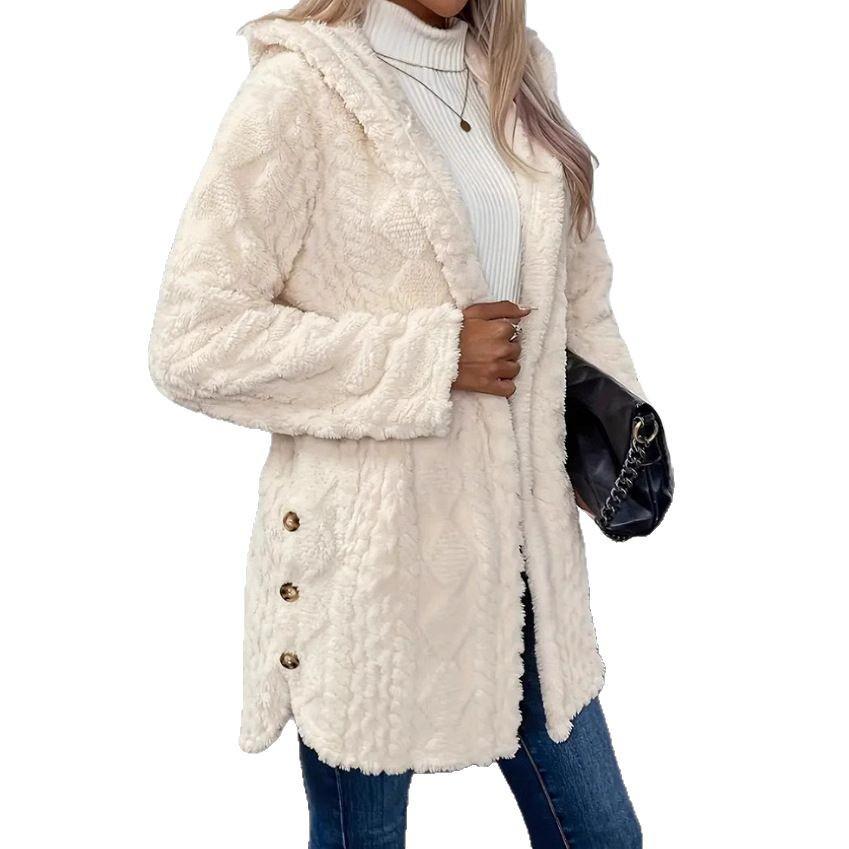 2024 Autumn/Winter Women's Mid-Length Plush Hooded Coat - European & American Style
