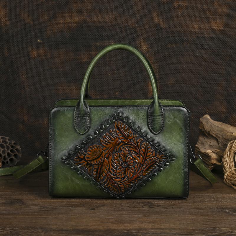 

Johnature Vintage Totem Embossed Bag Women s Leather Handbag Versatile Elegant Large Capacity Shoulder & Crossbody Bags зелений