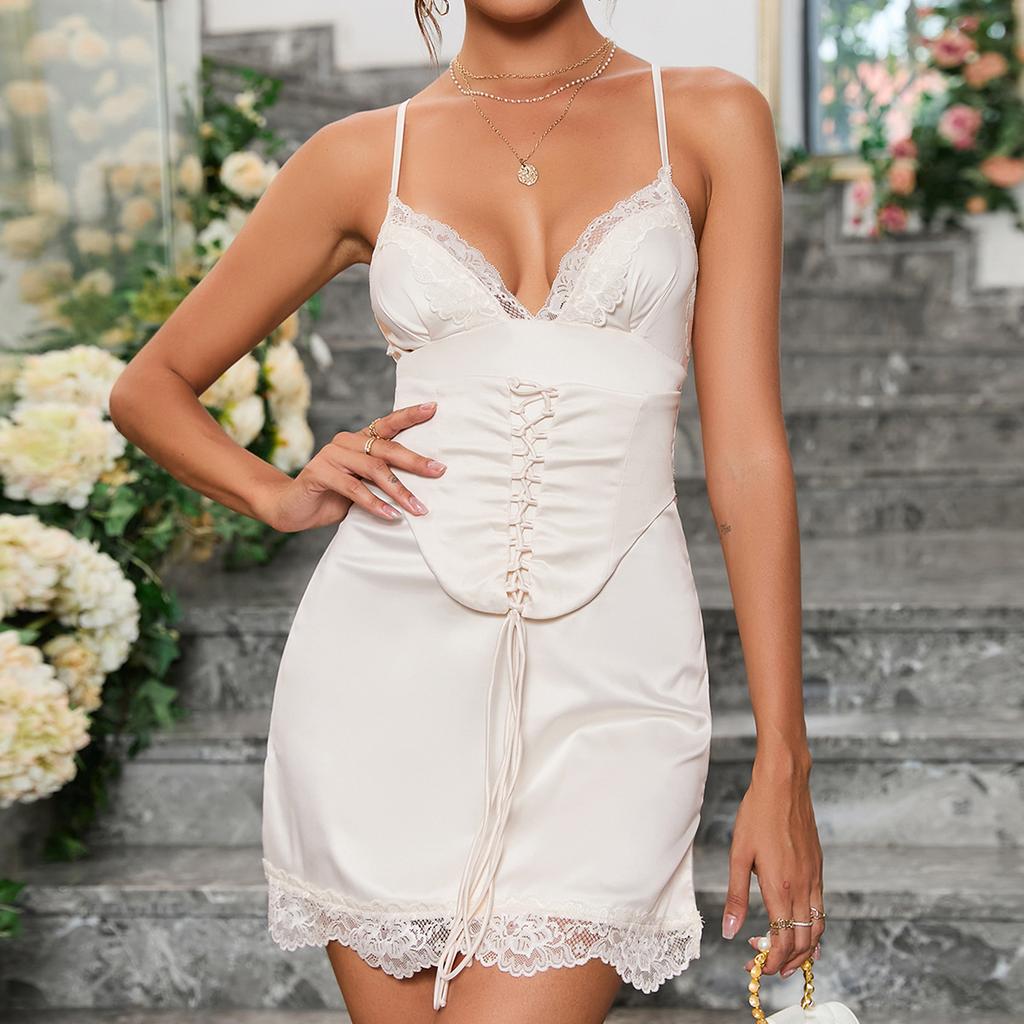 Spring new dress, European and American sexy satin lace splicing V-neck lace-up backless dress