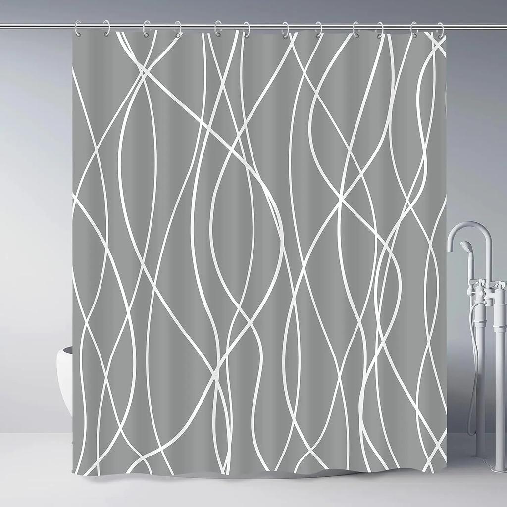 Unframed Modern Black and White Striped Corrugated Fabric Bathroom Shower Curtain,  Gradient Stripe, Bathroom Decorative Shower